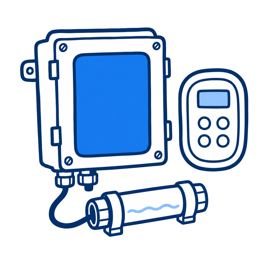 Line illustration of a Waterway NEO spa control and panel