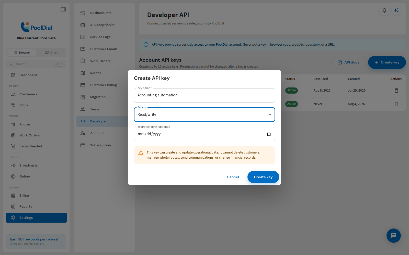 Create API key dialog with read-only and read-write access controls