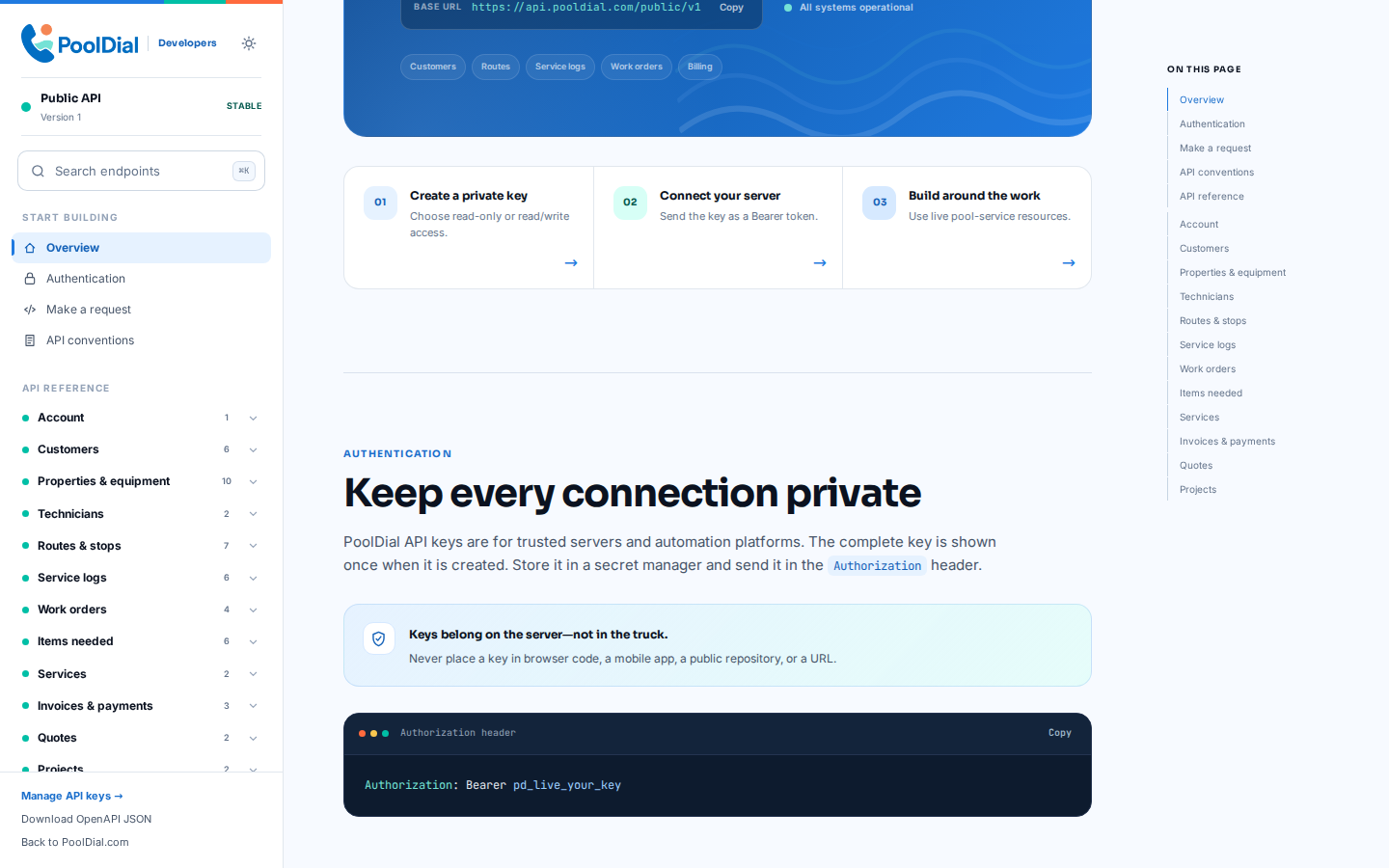 PoolDial Public API authentication guide with bearer token example