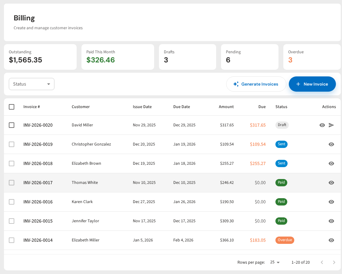Pool Dial Billing Dashboard - Invoice management, payment tracking, and financial overview