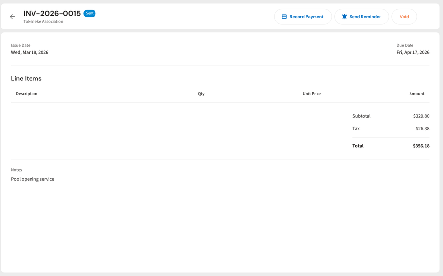 Invoice detail with line items and payment history