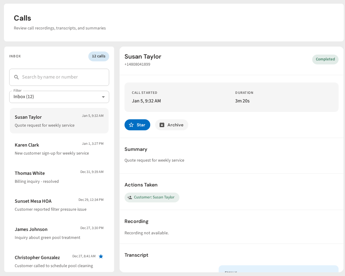 PoolDial AI receptionist call log screenshot