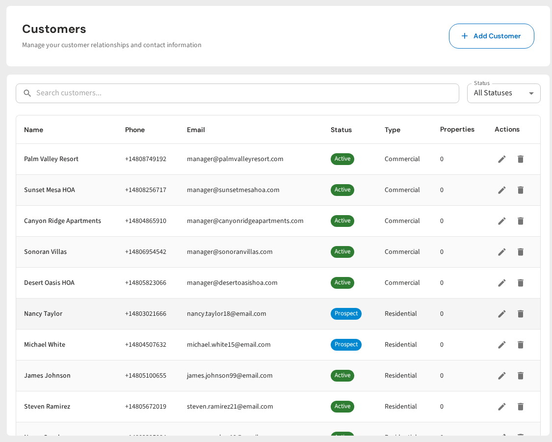Pool Dial Customer Management - Customer list with contact info, status, and property details