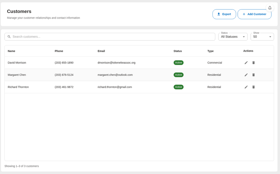 Customer table with sorting and filtering