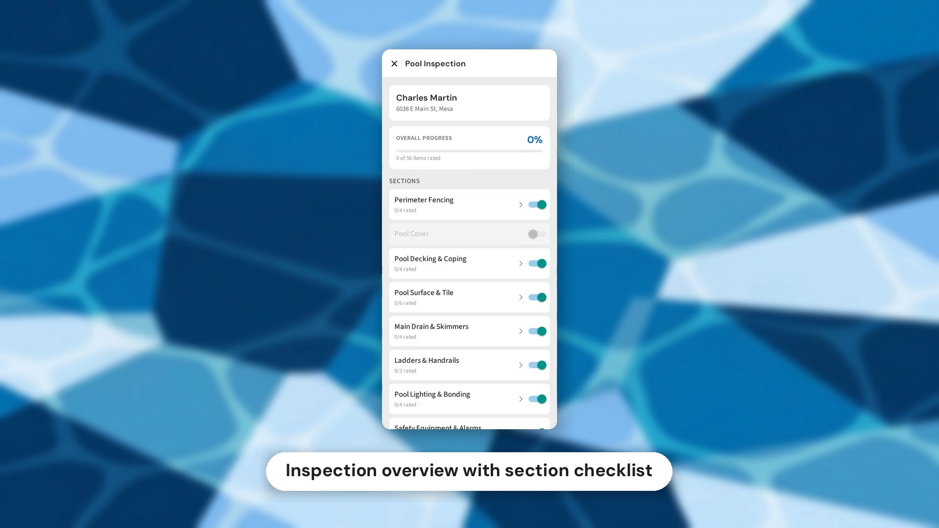 Inspection overview with section checklist and progress
