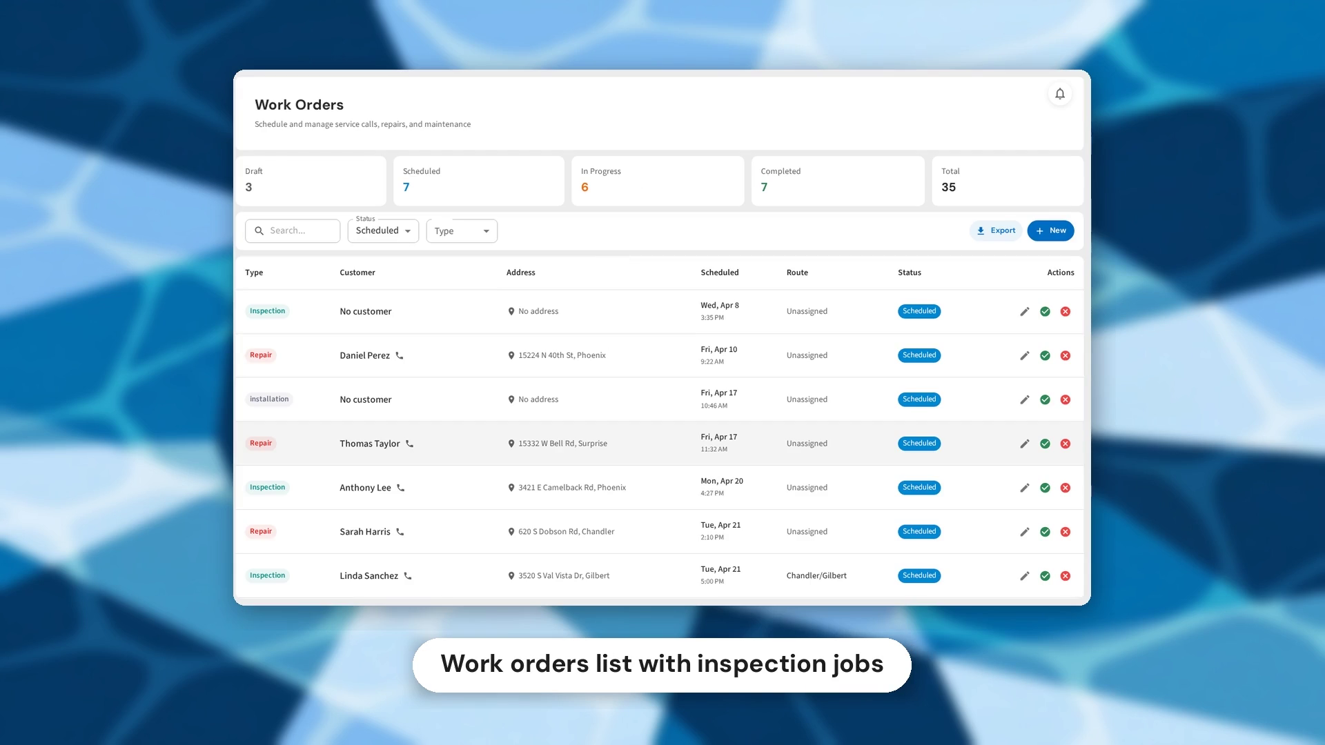 Work orders list showing inspection jobs with status