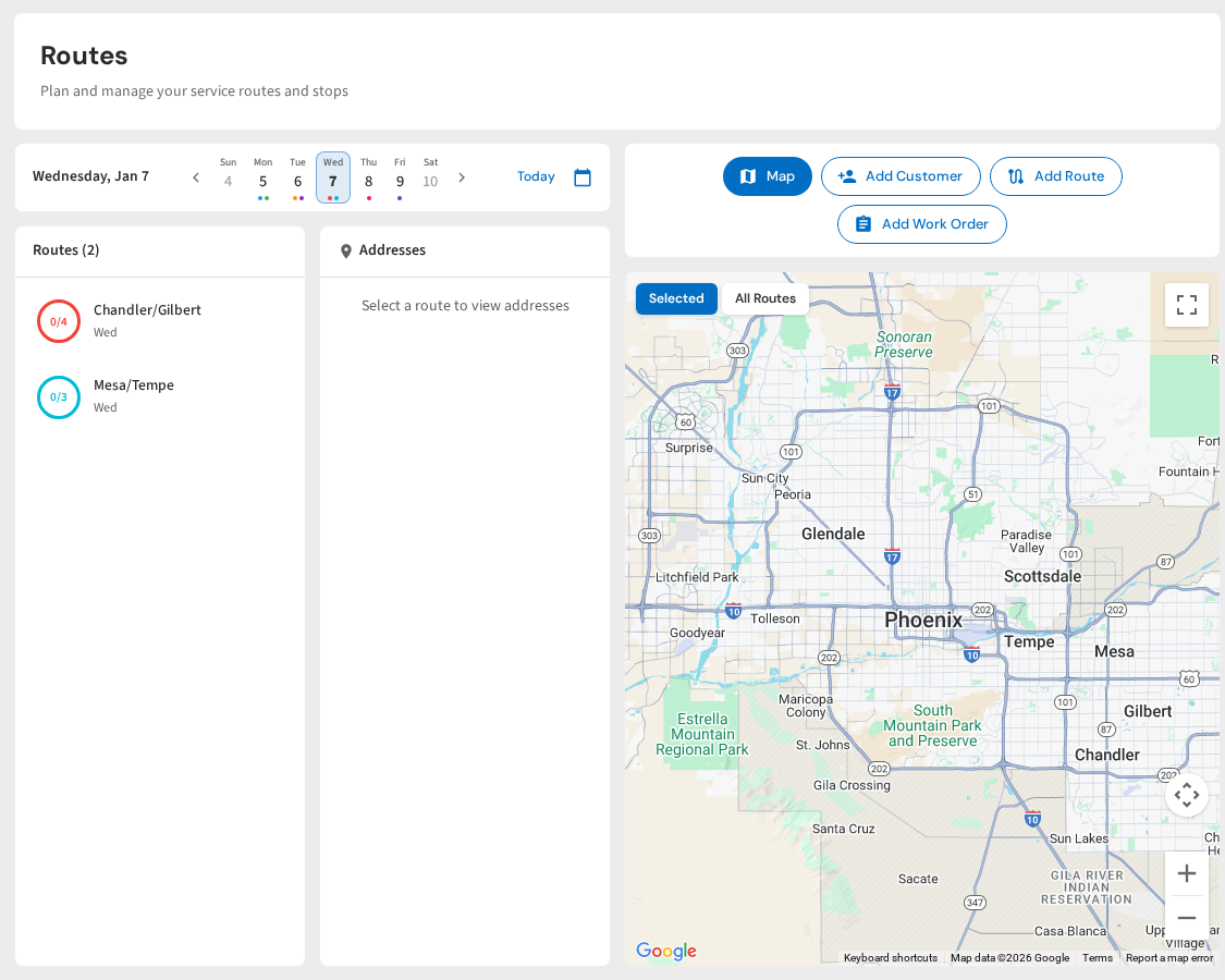 Pool Dial Route Planning - Interactive map view with optimized stops and weekly schedule