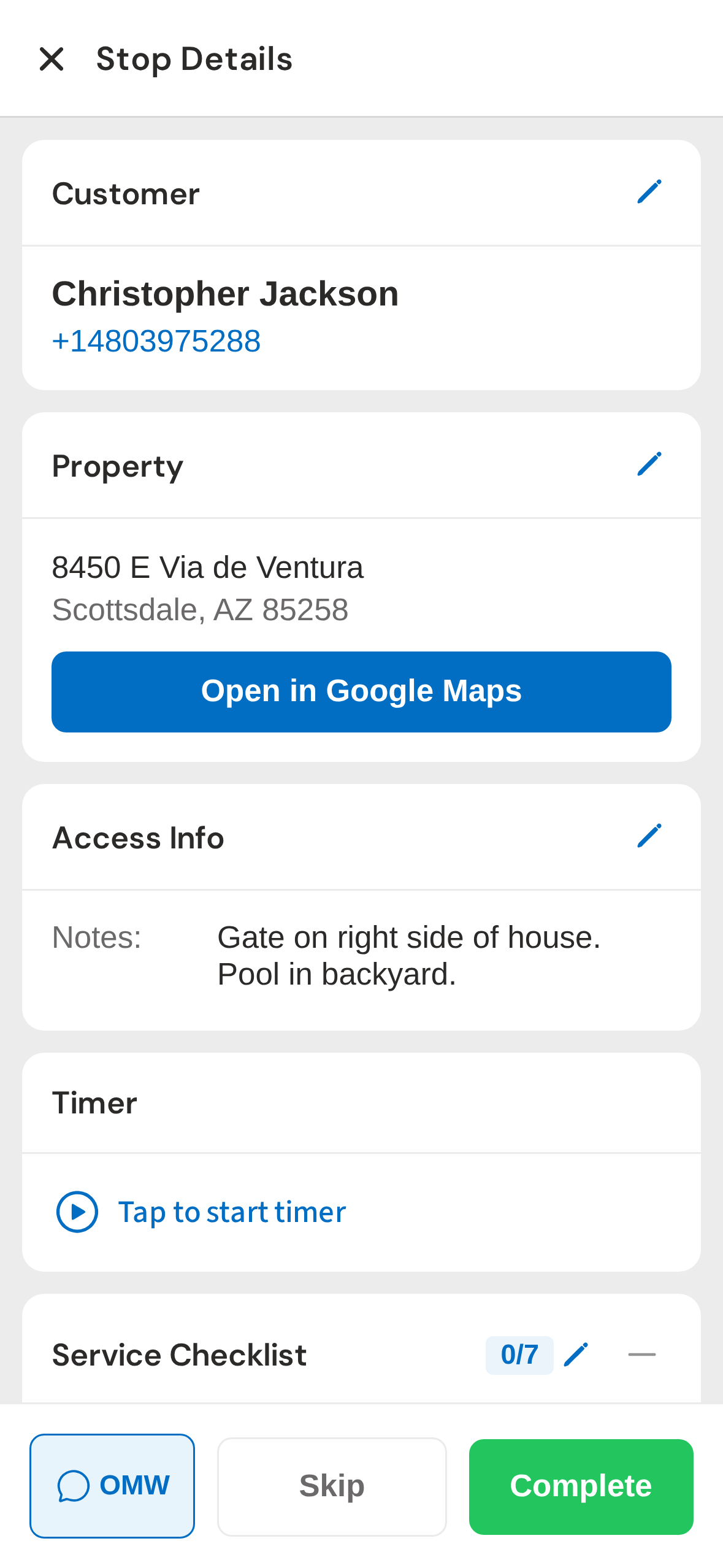 Stop detail with checklist and timer