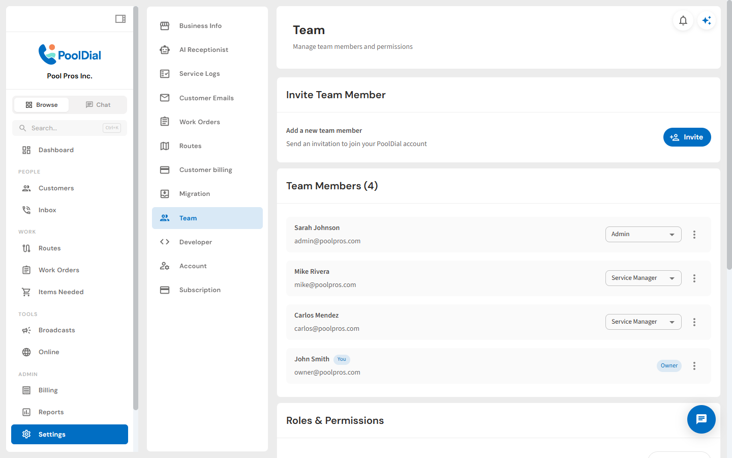 PoolDial team management dashboard listing teammates and roles