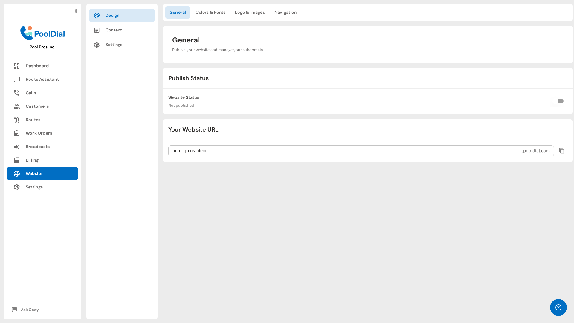 PoolDial website builder screenshot