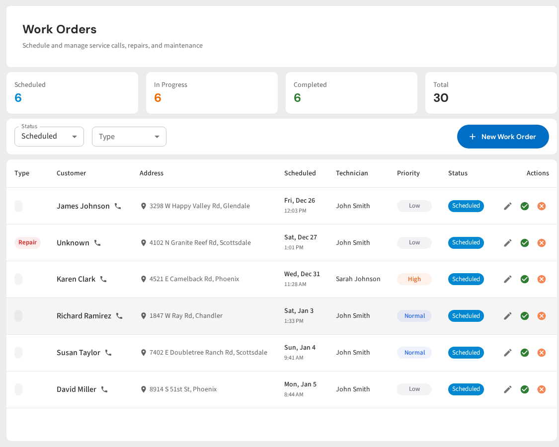 Pool Dial Work Orders - Job tracking from creation to completion with status workflow