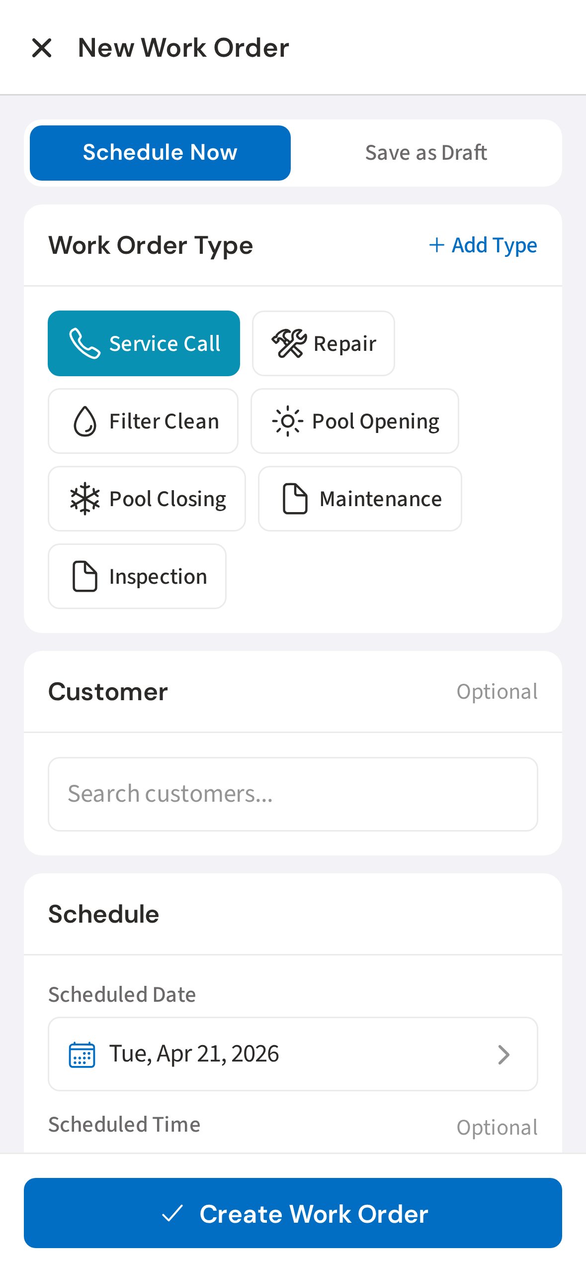 Creating a work order on mobile