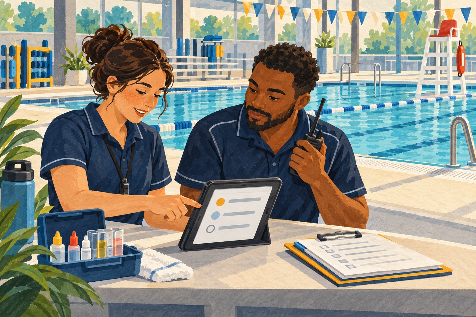 Illustration of two aquatic staff members reviewing an unfinished task together