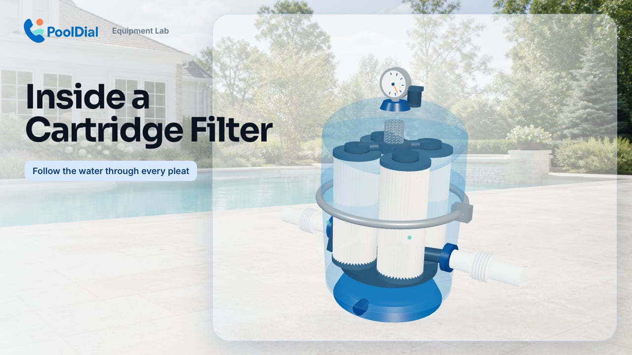 3D cutaway of a cartridge pool filter