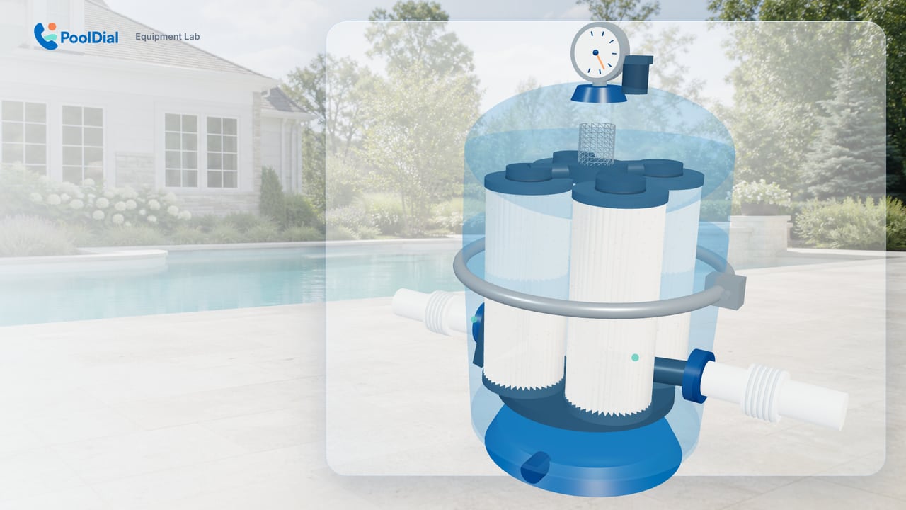 Transparent cartridge filter showing water around four pleated elements