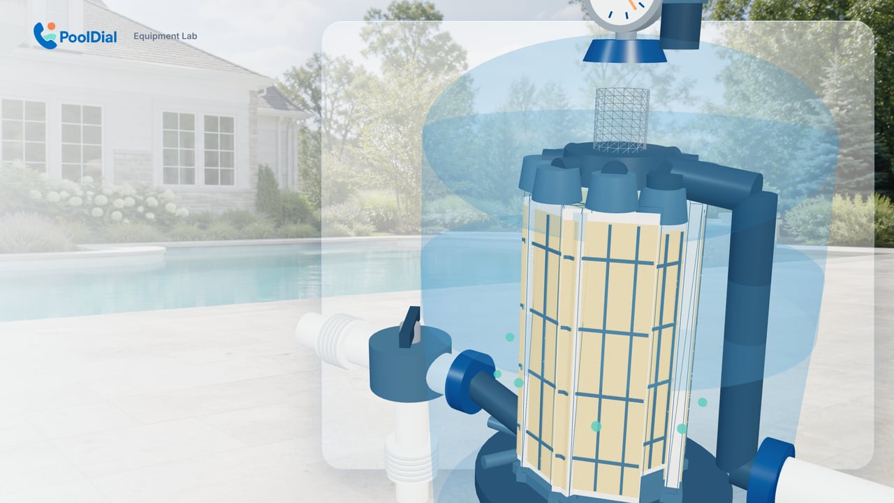 Close 3D view of D.E. powder coating a fabric-covered filter grid