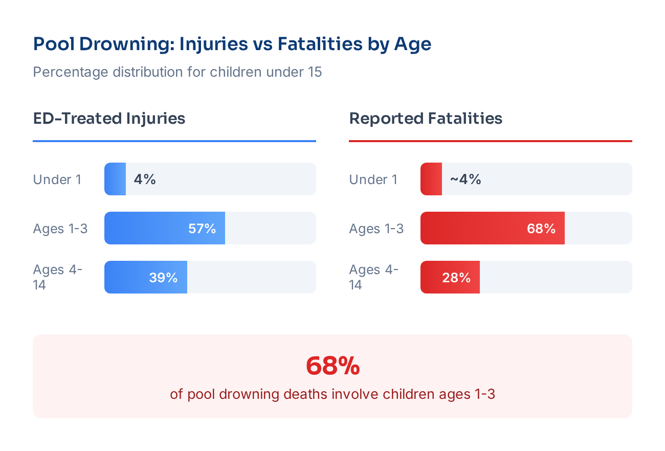 Comparison of pool drowning injuries vs fatalities: Ages 1-3 account for 57% of injuries and 68% of fatalities; infants under 1 account for 4% of injuries