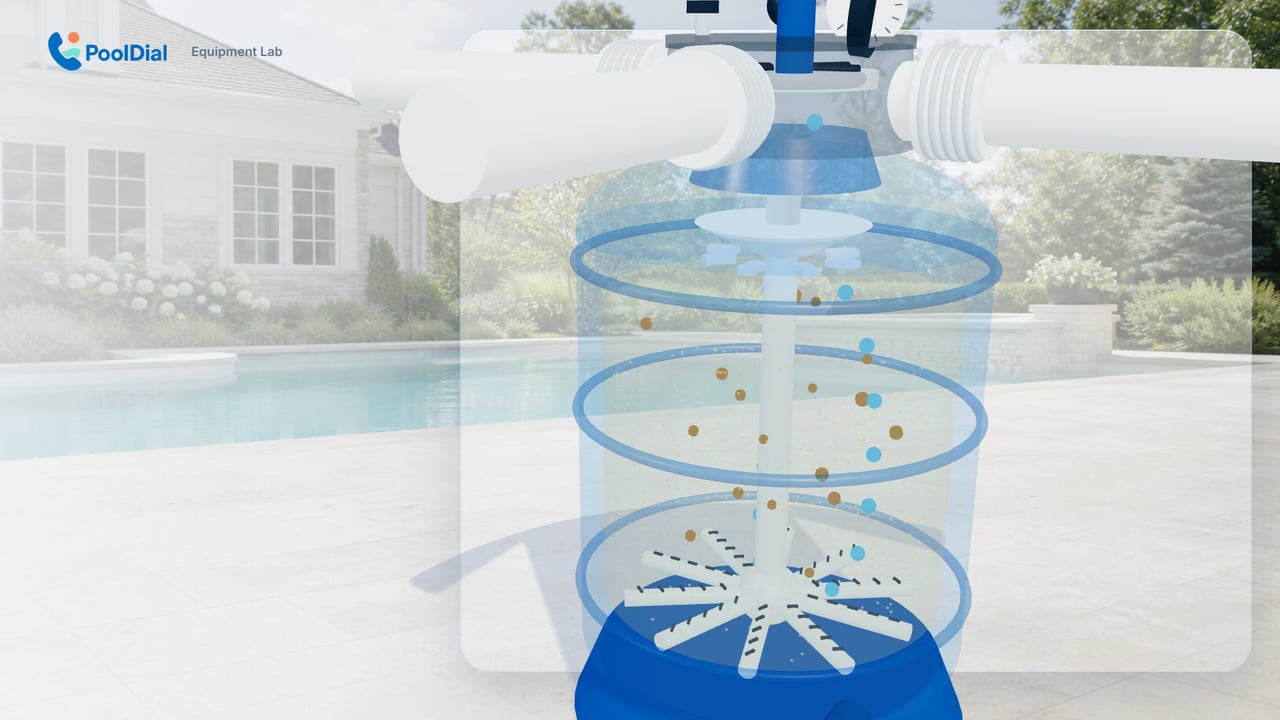 Sand filter cutaway showing reverse flow lifting dirt during backwash