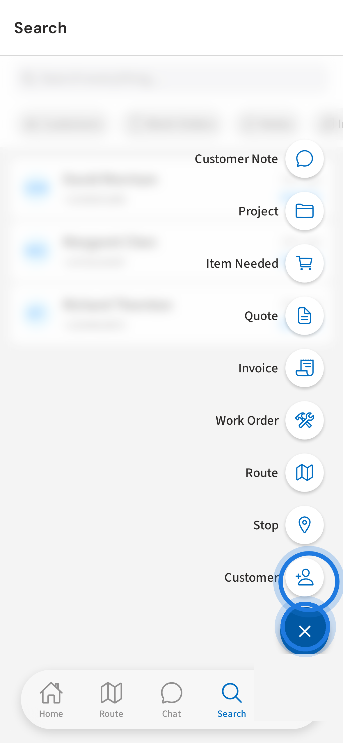 FAB menu open — tap Customer