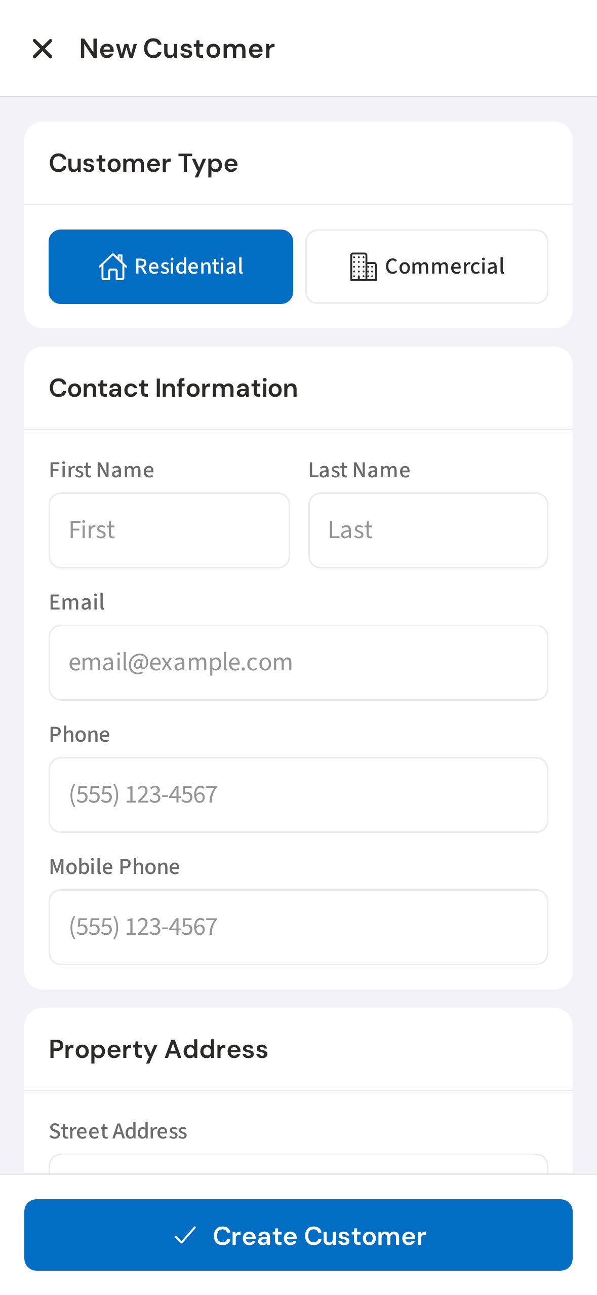 The Add Customer form
