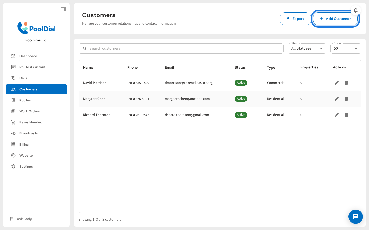 Click the '+ Add Customer' button in the top right
