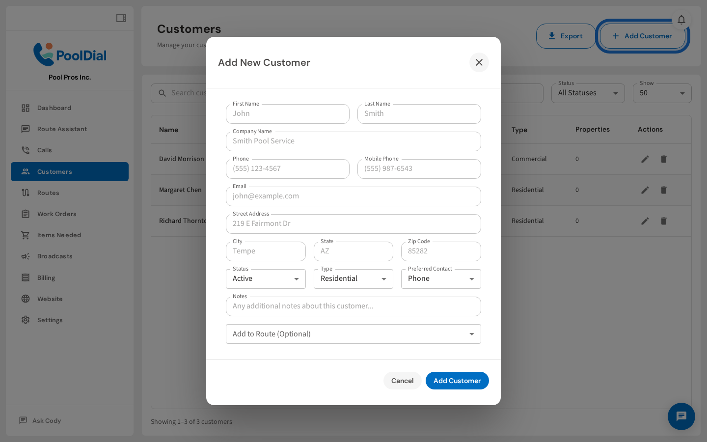 The Add New Customer form appears