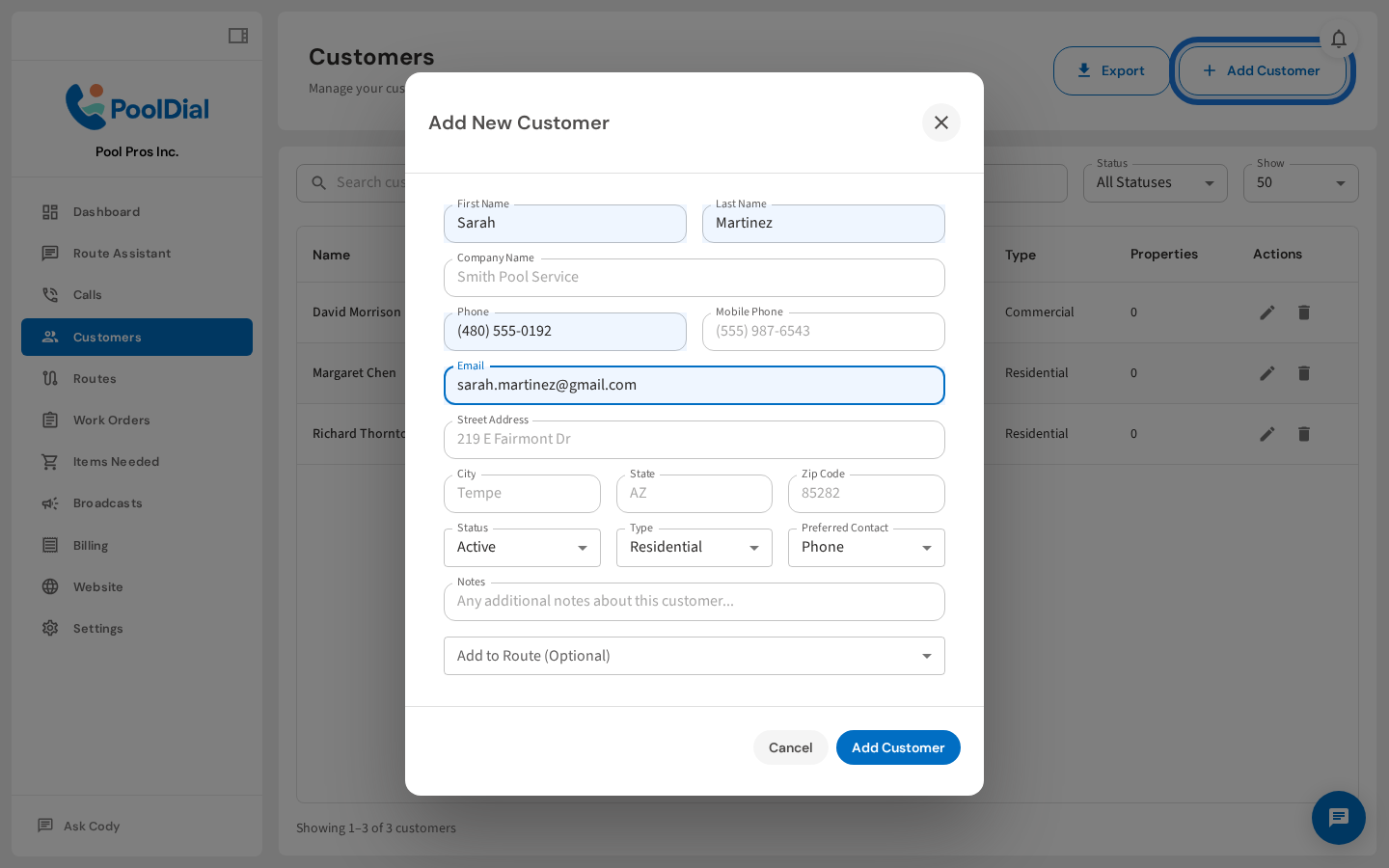 Enter the customer's phone number and email address