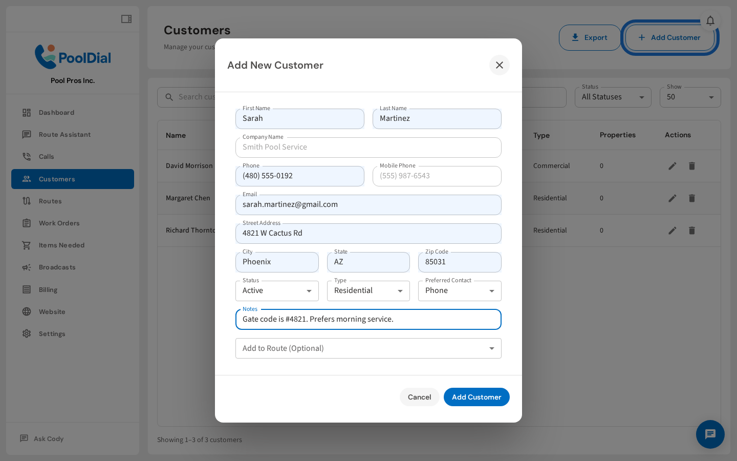 Add optional notes like gate codes or service preferences