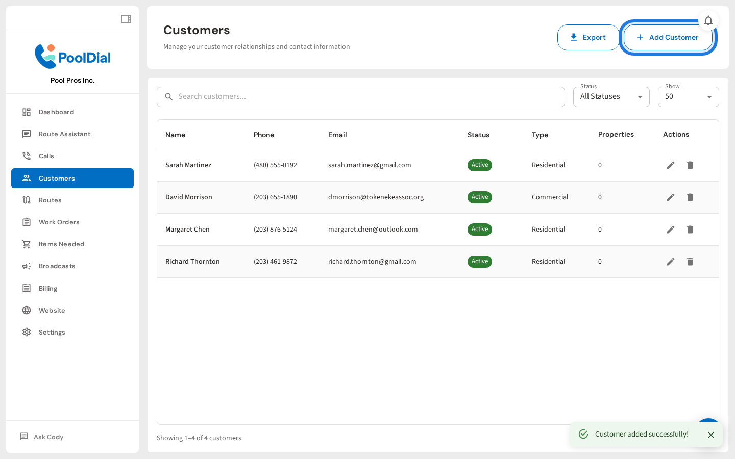Sarah Martinez is saved and appears in the Customers list
