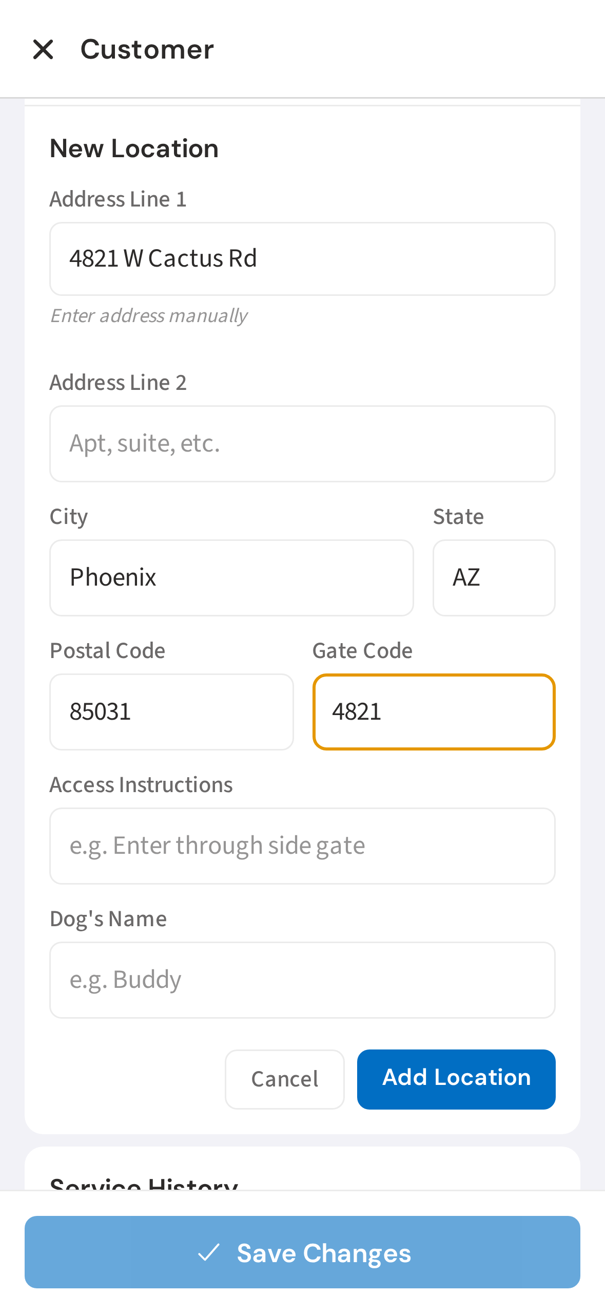 Fill in the service address