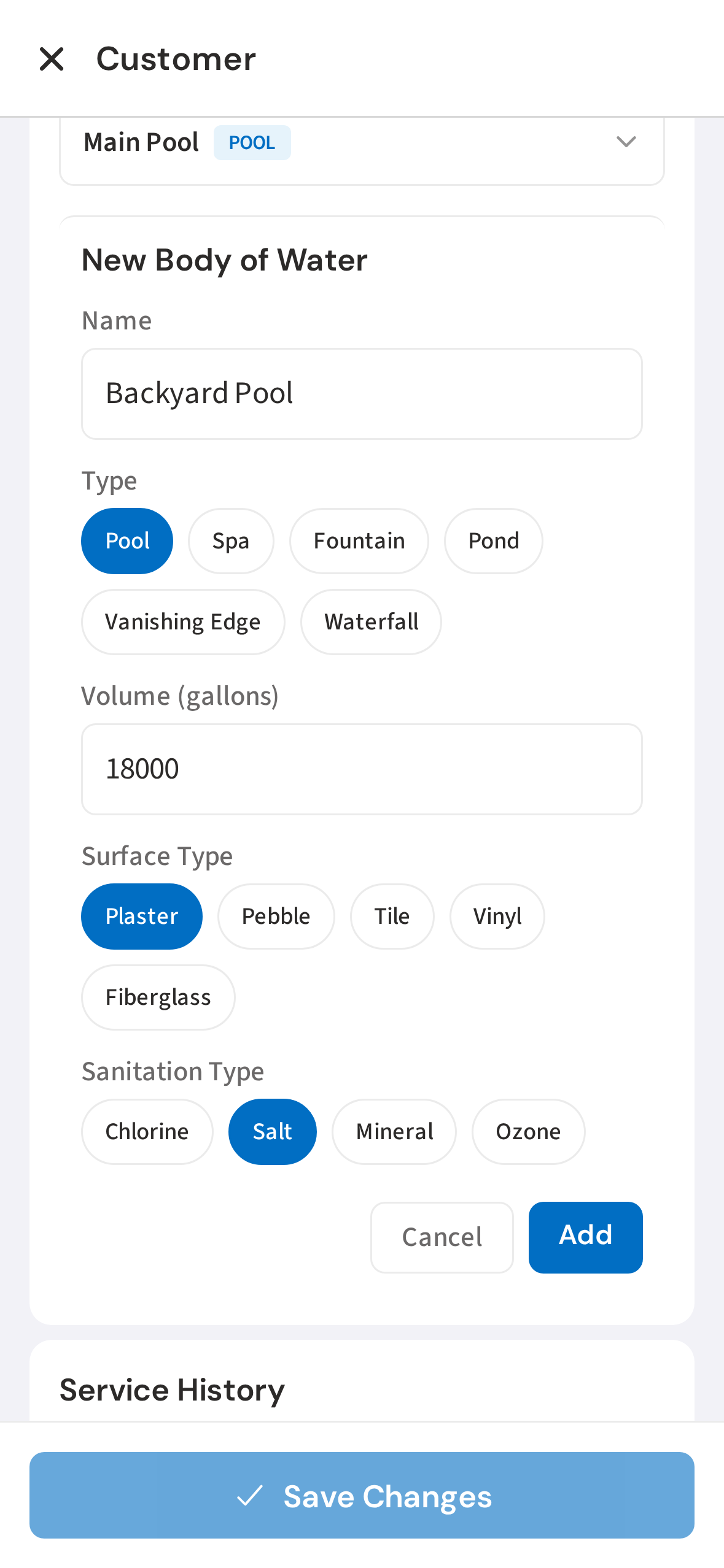 Enter volume, surface, and sanitation type
