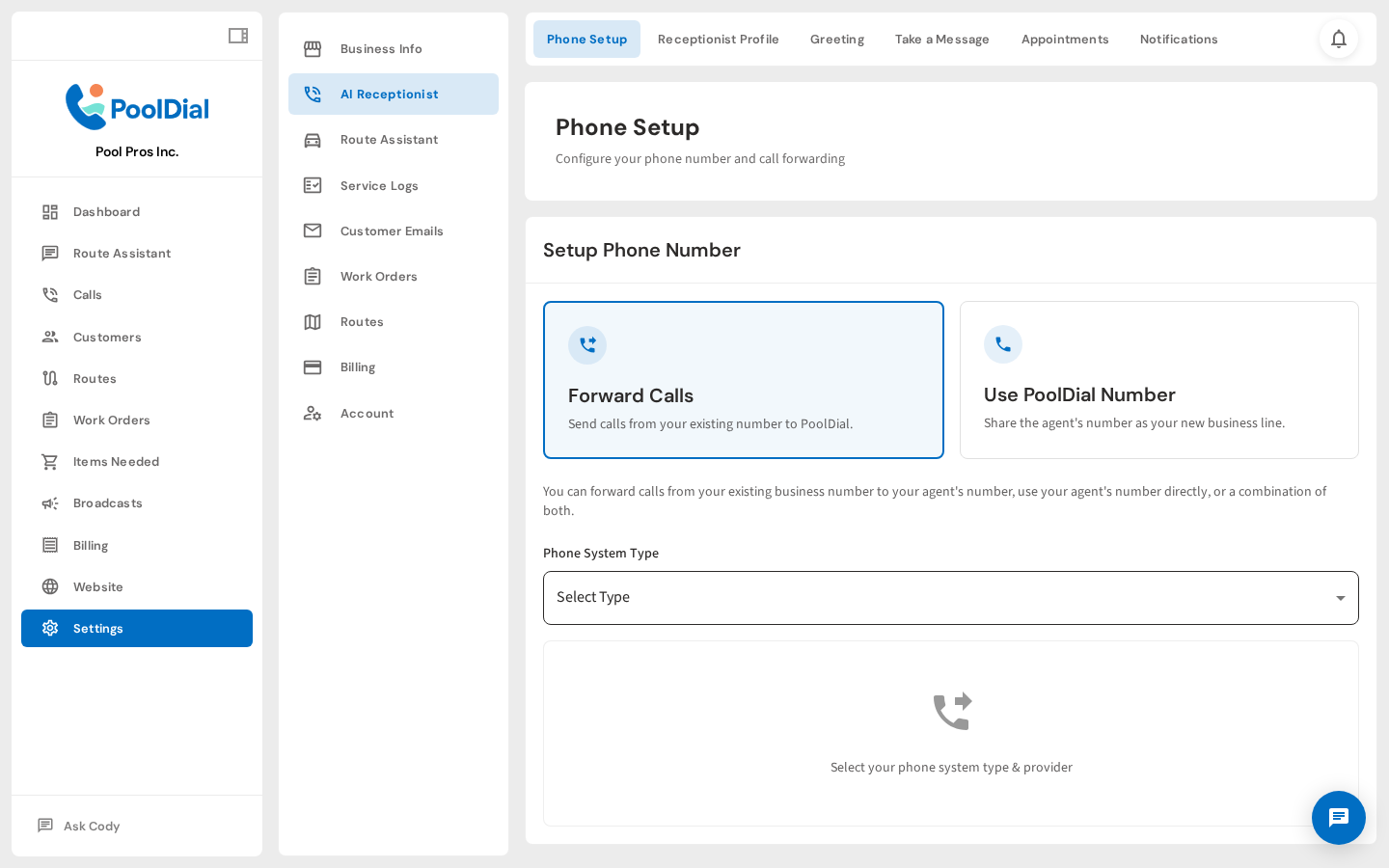 Go to Settings — AI Receptionist