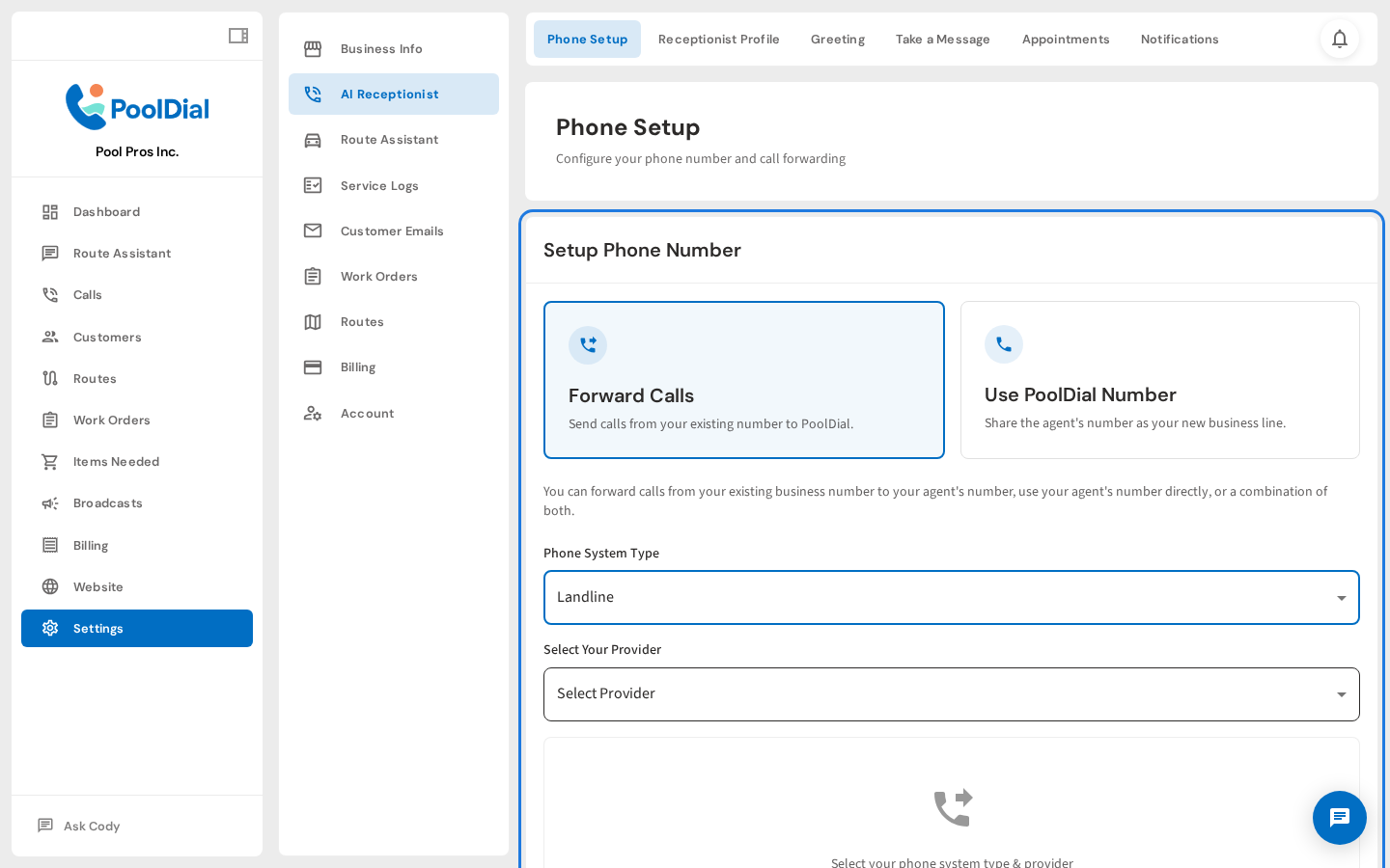 Phone Setup — choose how calls reach the receptionist