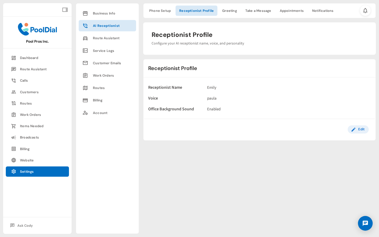 Receptionist Profile — set name and voice
