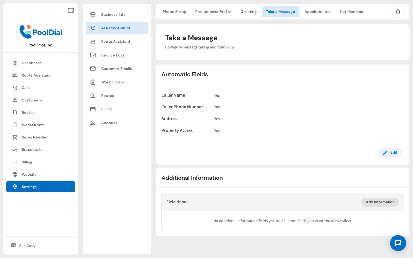 Take a Message — choose what info the receptionist collects