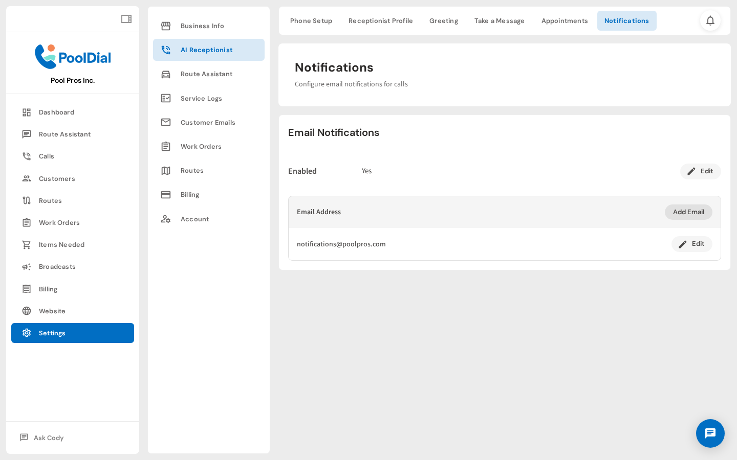 Notifications — emails receive call summaries