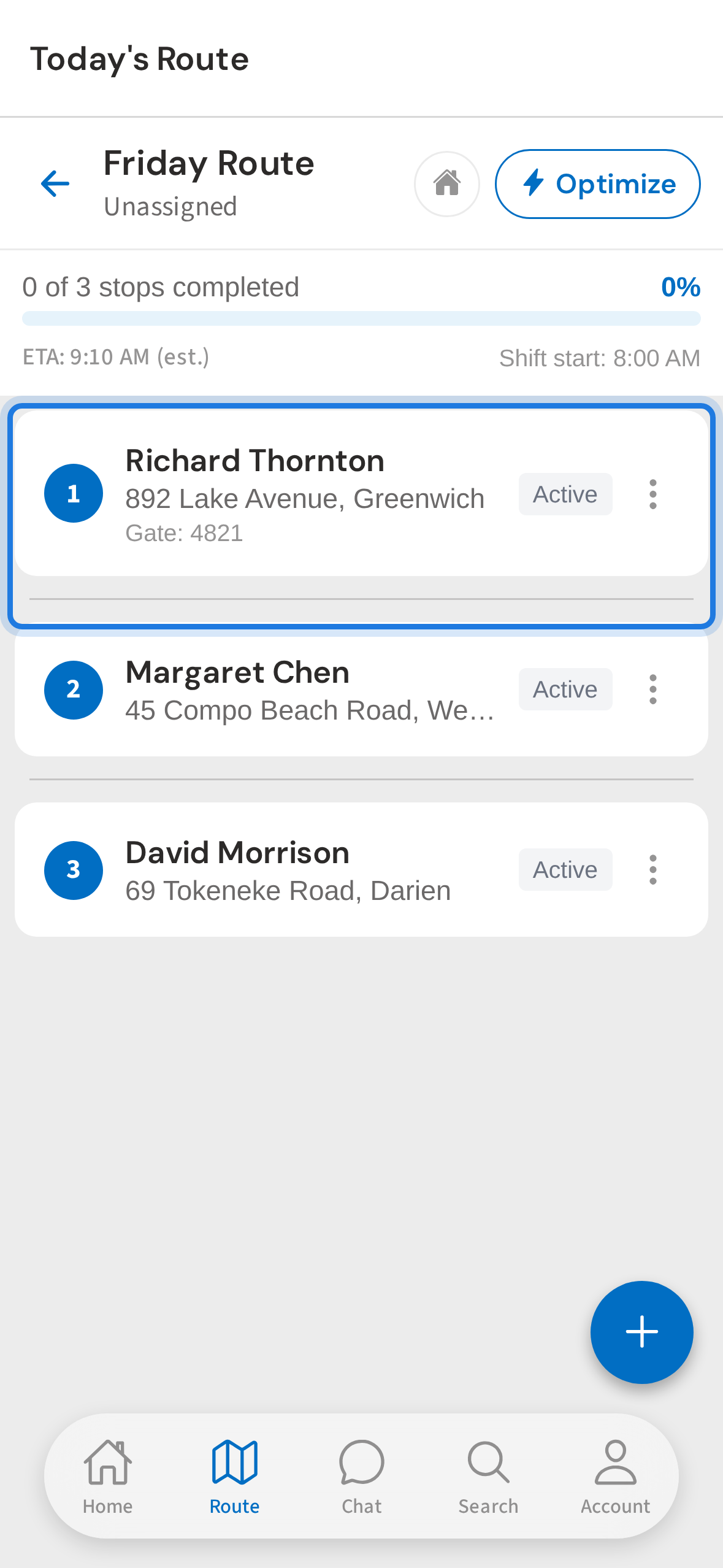 Tap a stop card to open it