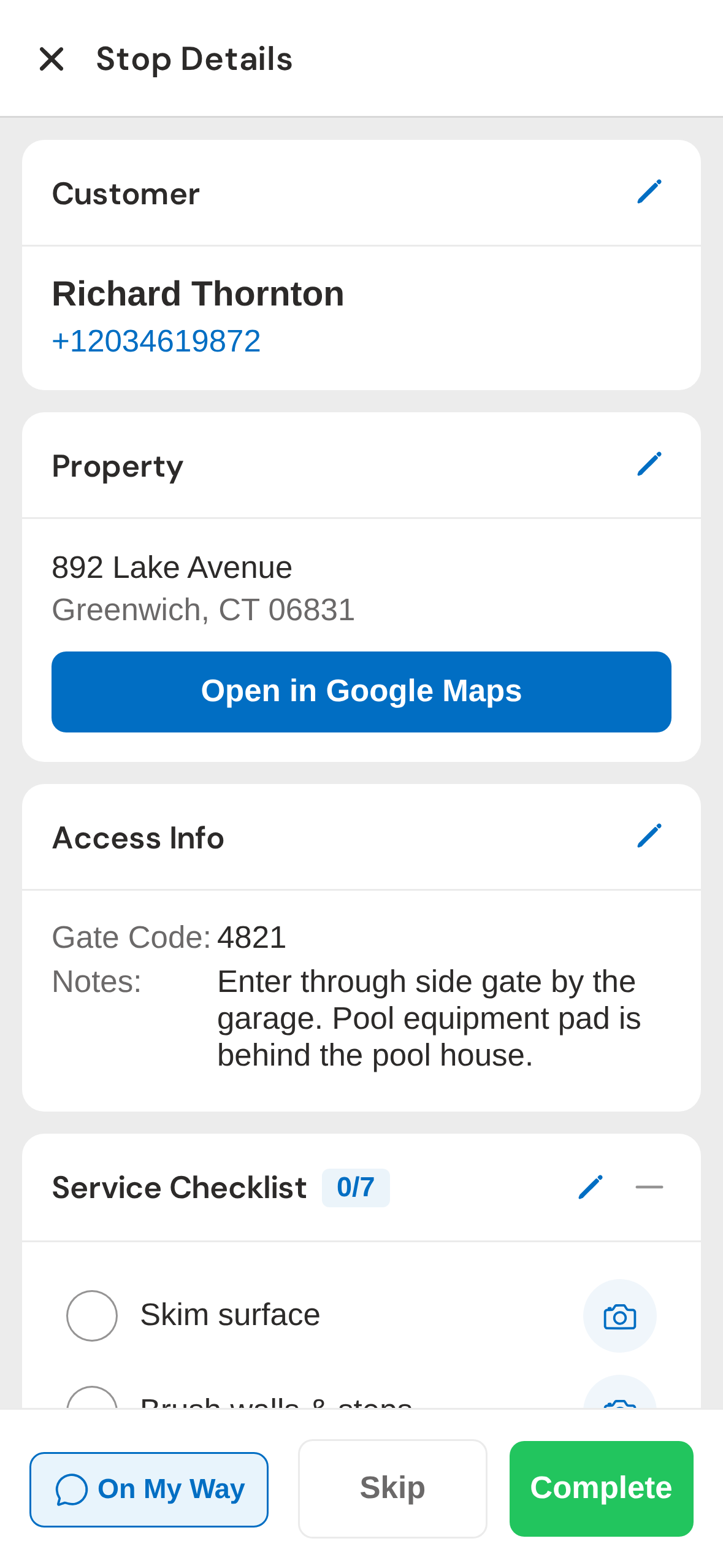 Stop detail — property info and access notes at a glance