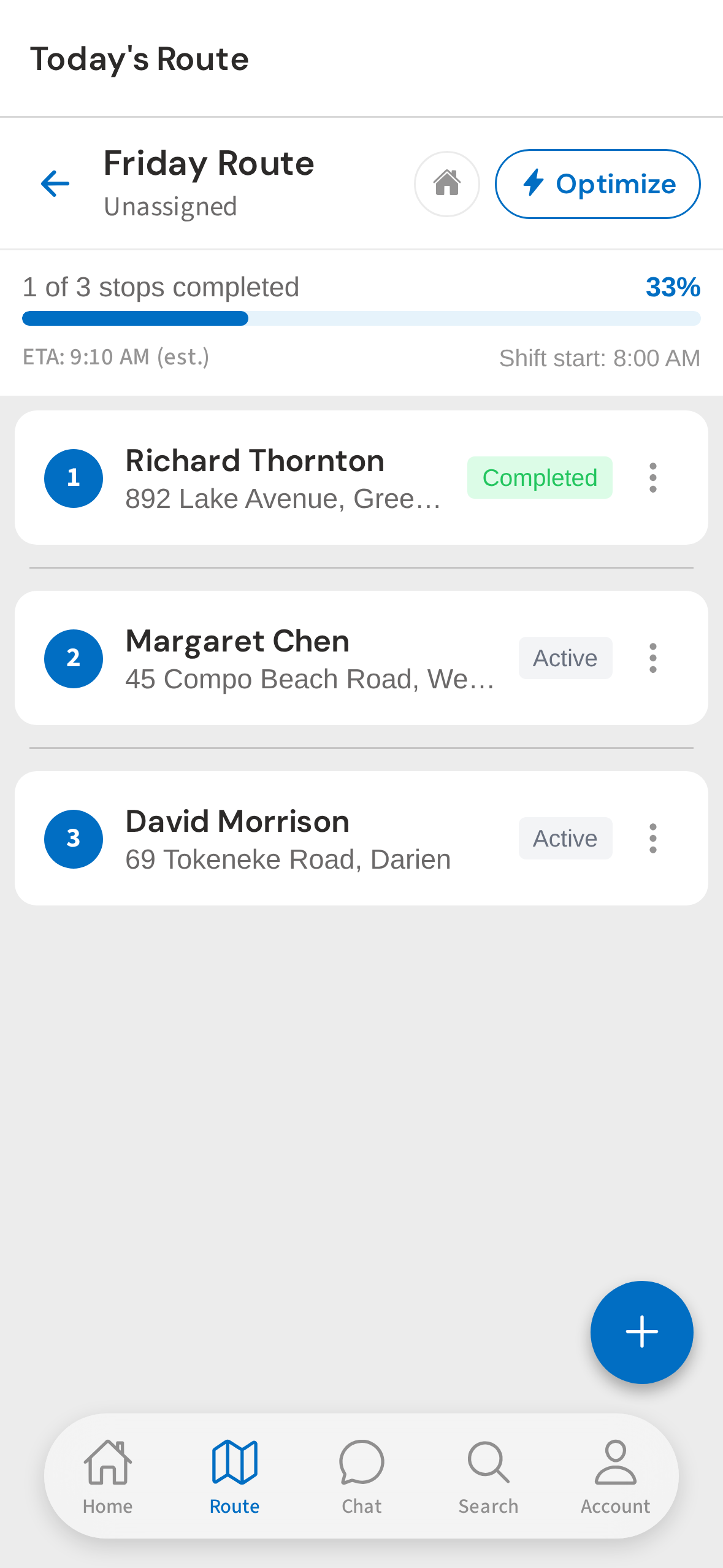 Stop marked complete — route progress updates