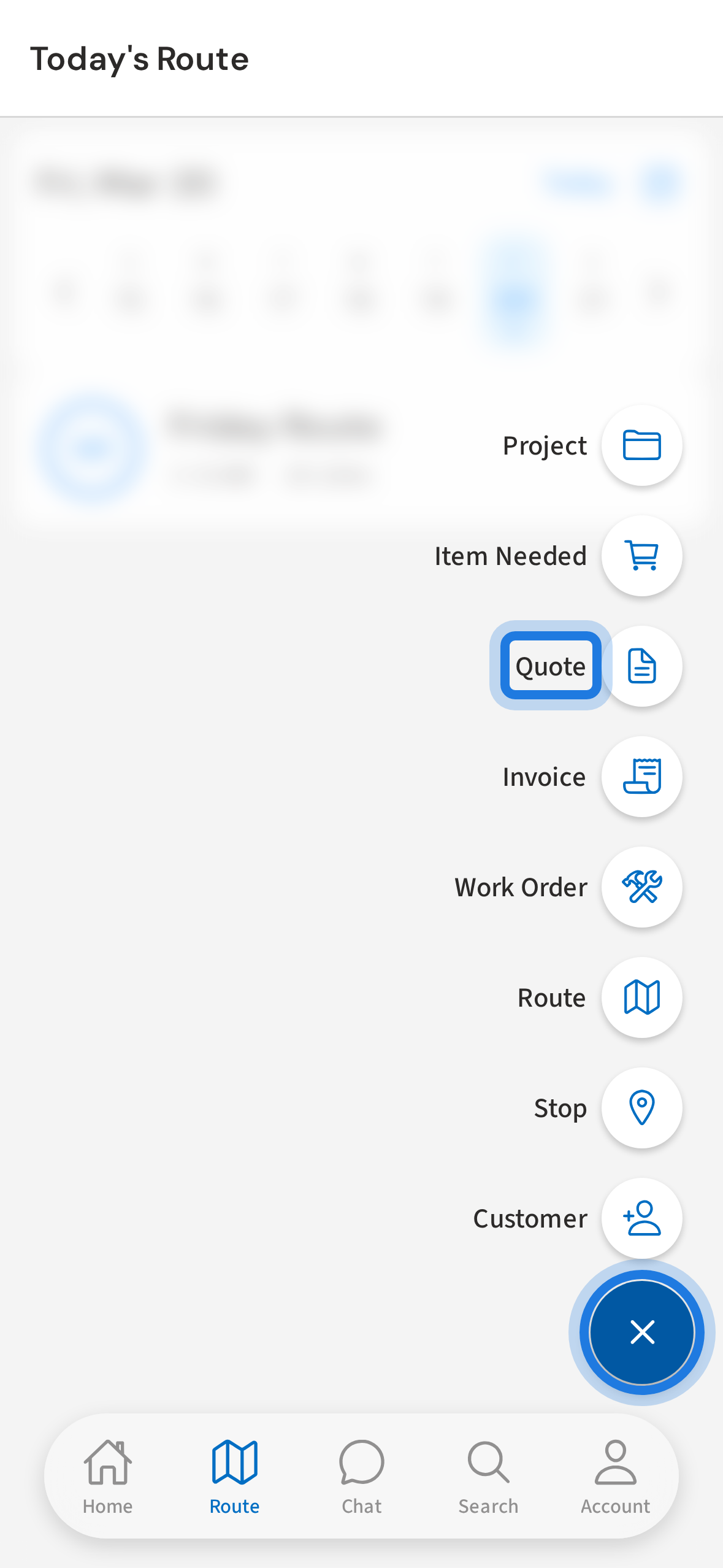 Tap + then Quote to open the quote form