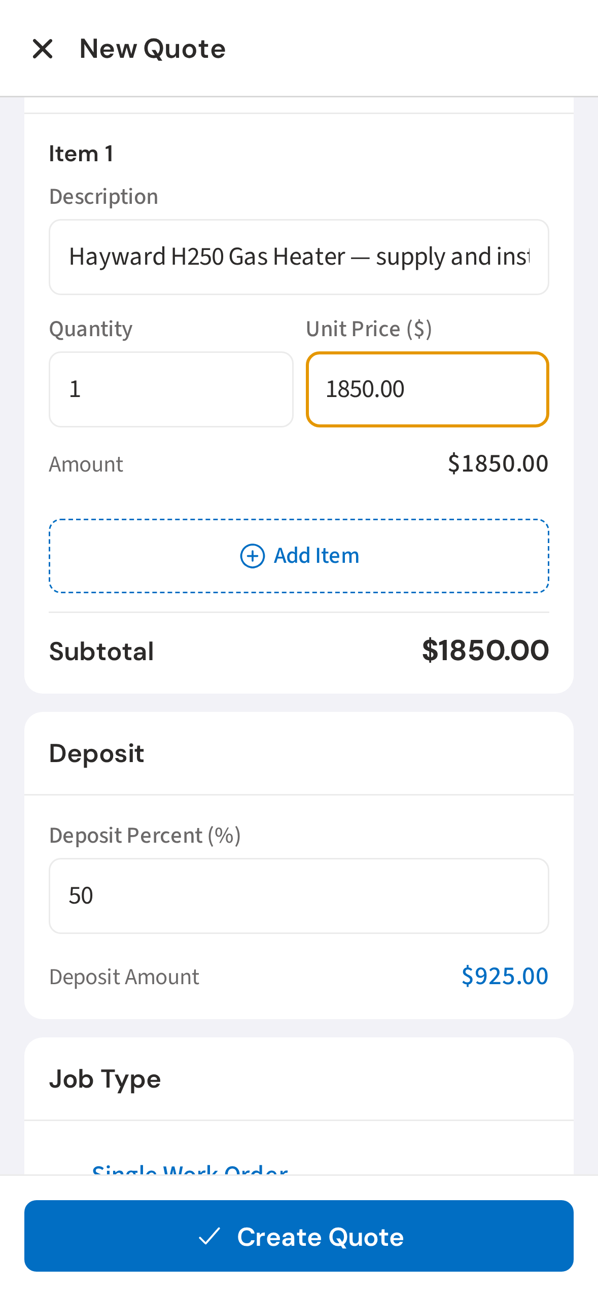 Add a line item with description and price