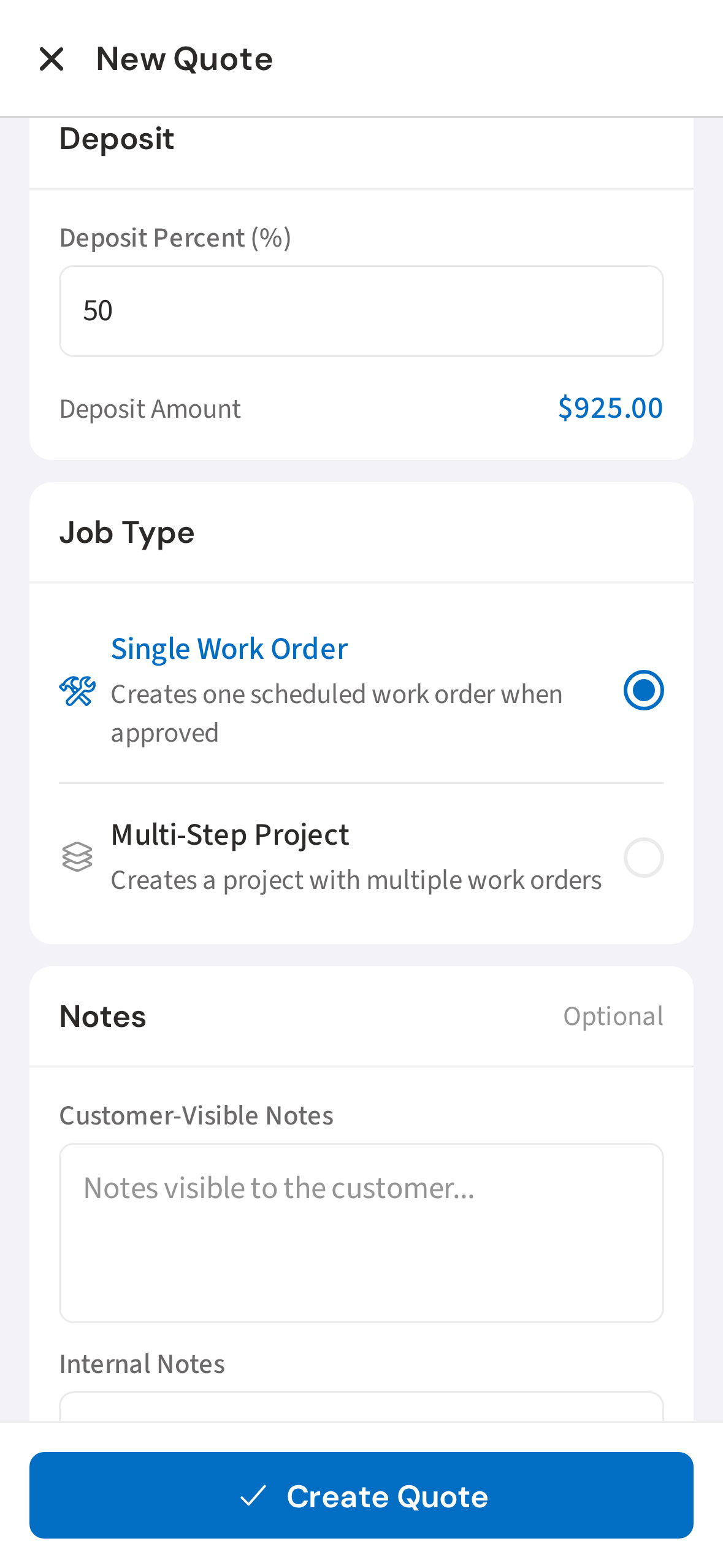 Set deposit percentage and job type
