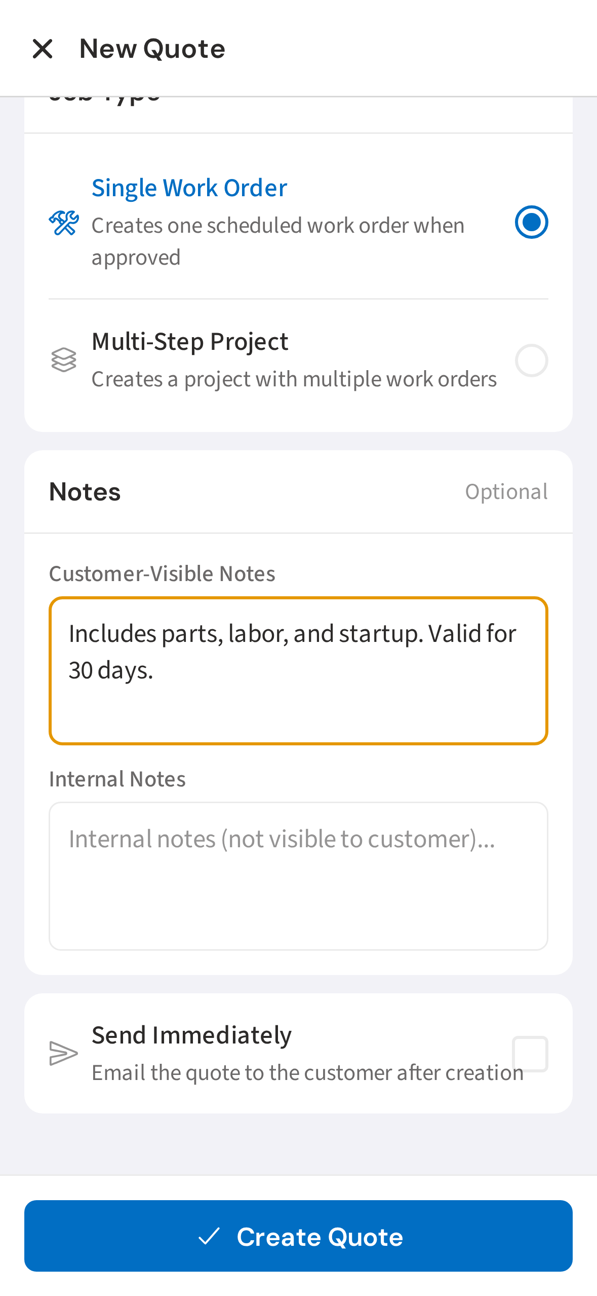 Add notes and toggle Send to customer