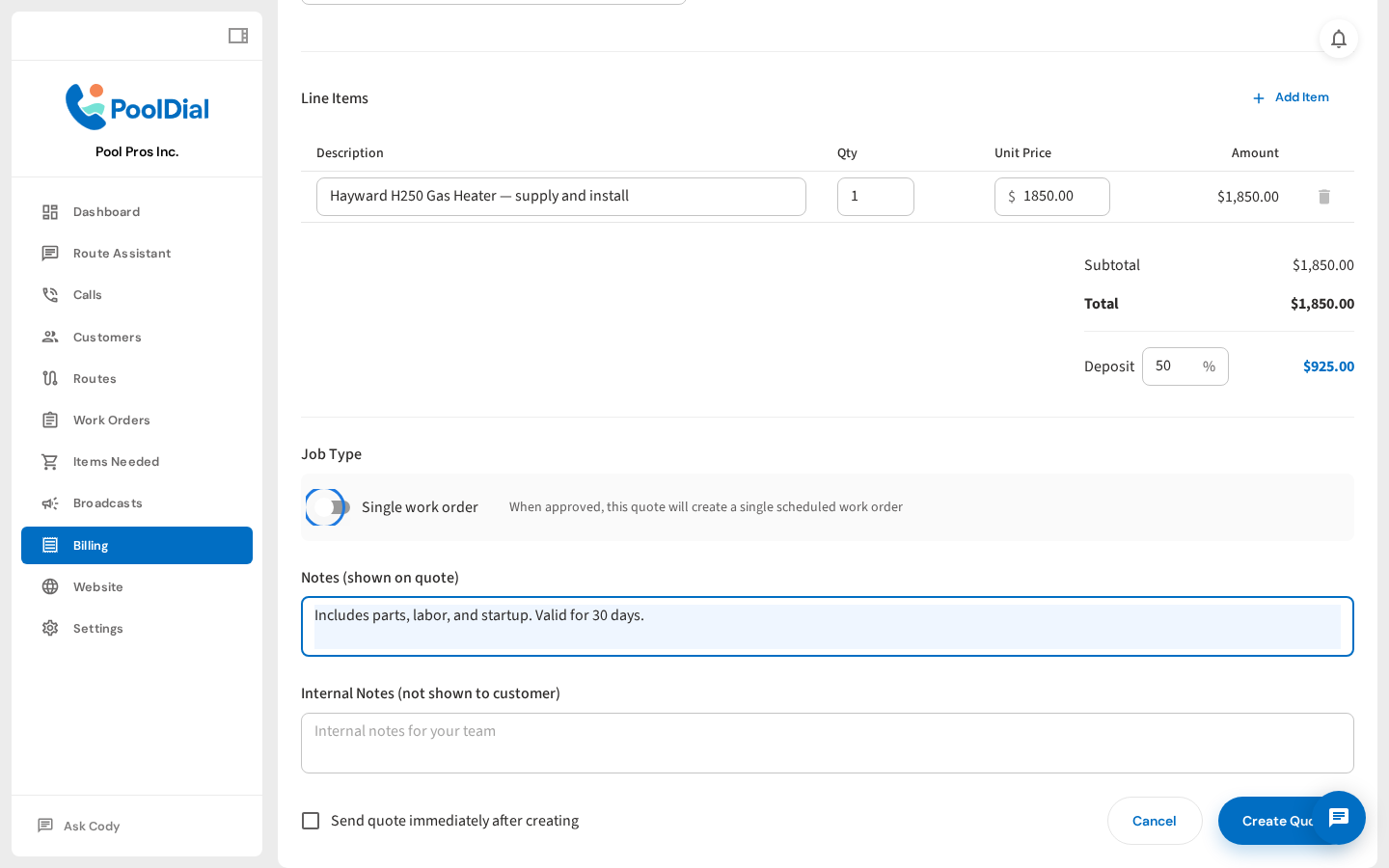 Set deposit %, add notes, and choose whether to send immediately