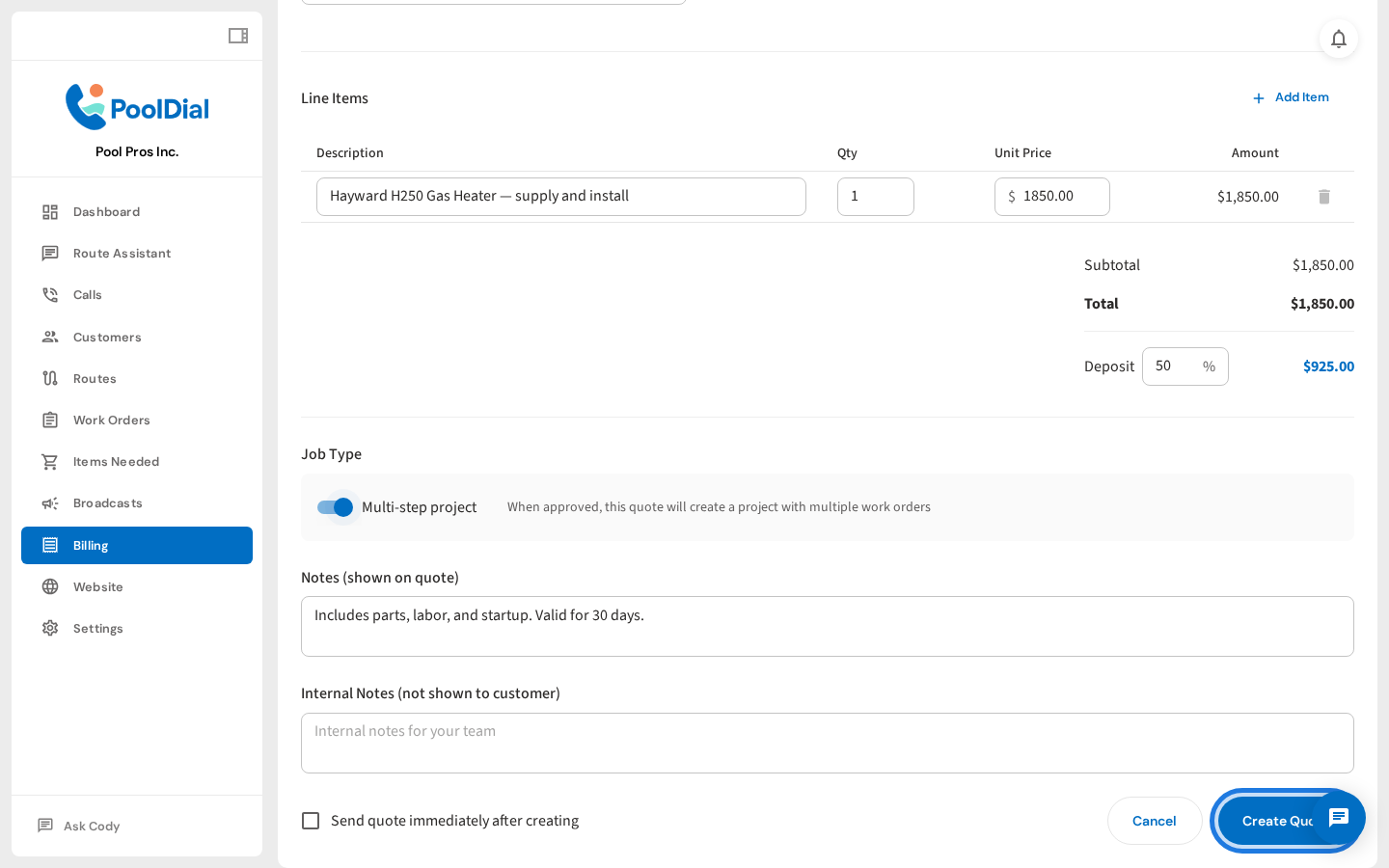Click Create Quote to save and send