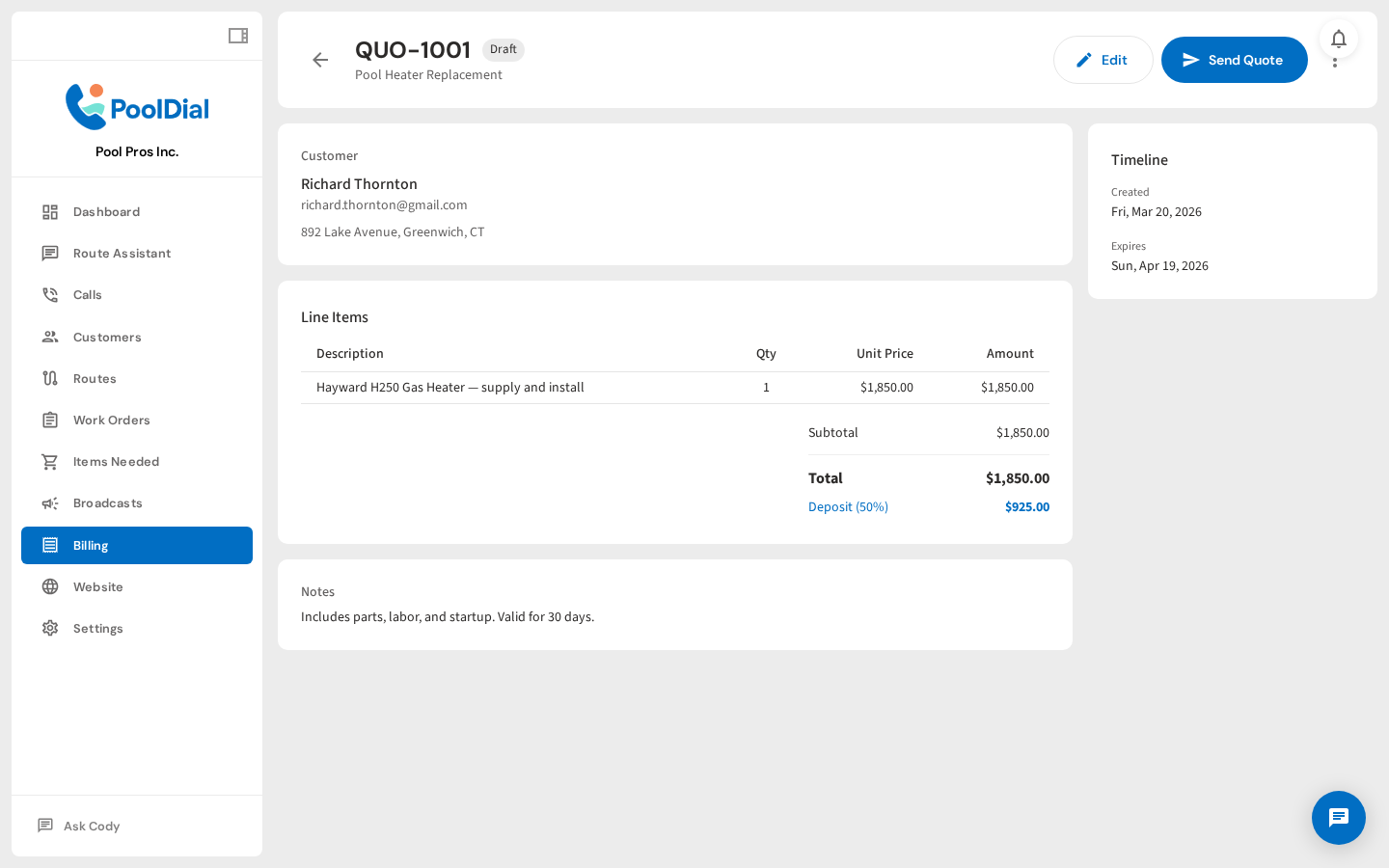Quote detail page — view, resend, or convert to work order