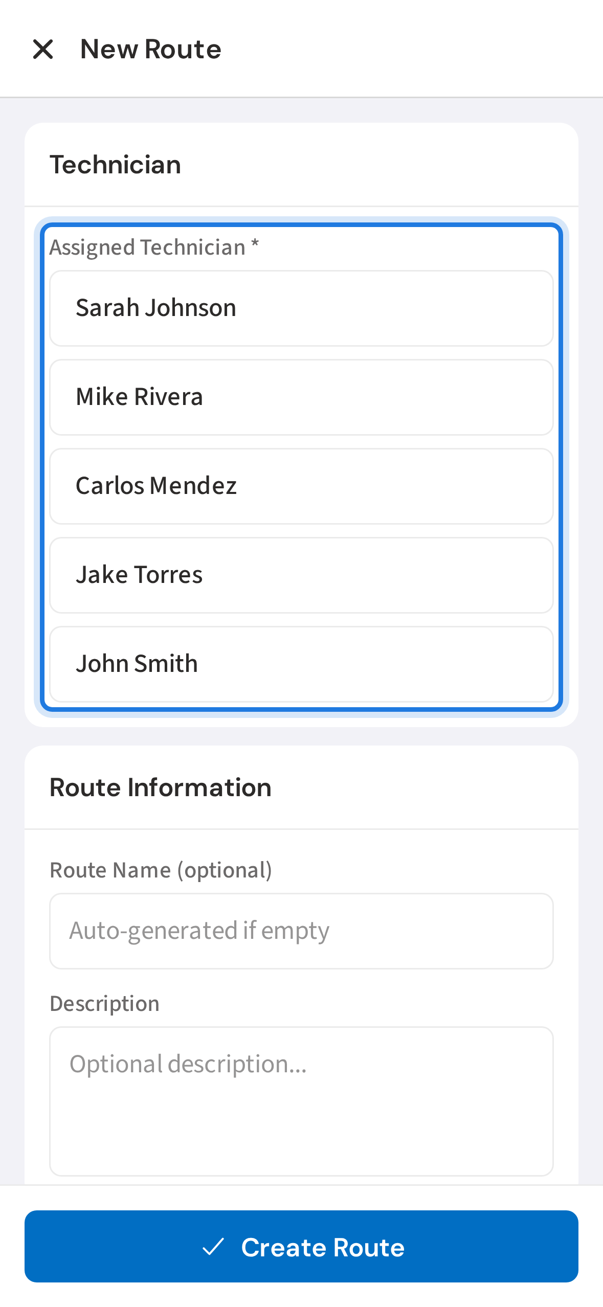 Select the technician for this route