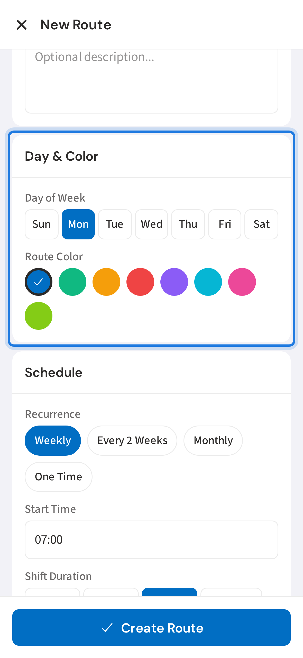 Choose day of week and route color