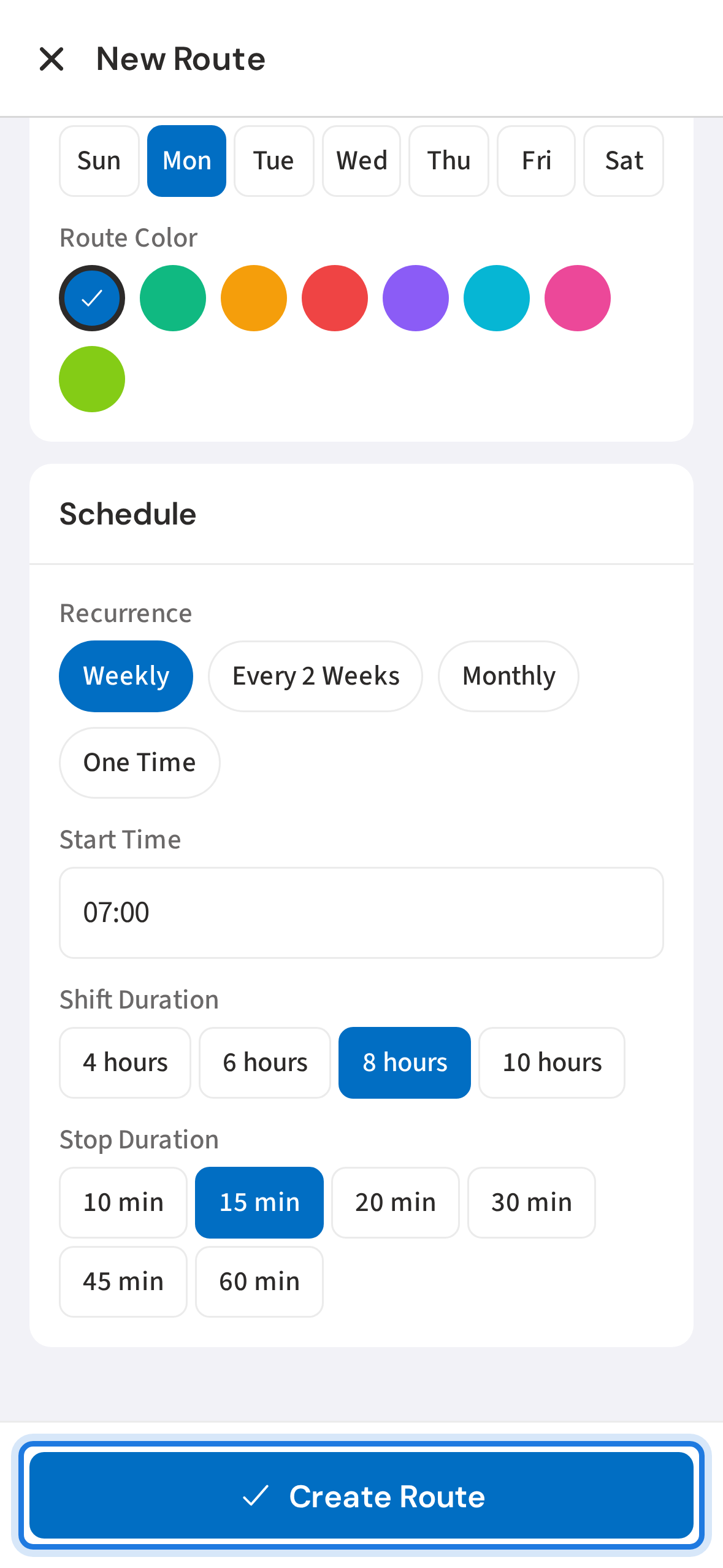 Set schedule then tap Create Route
