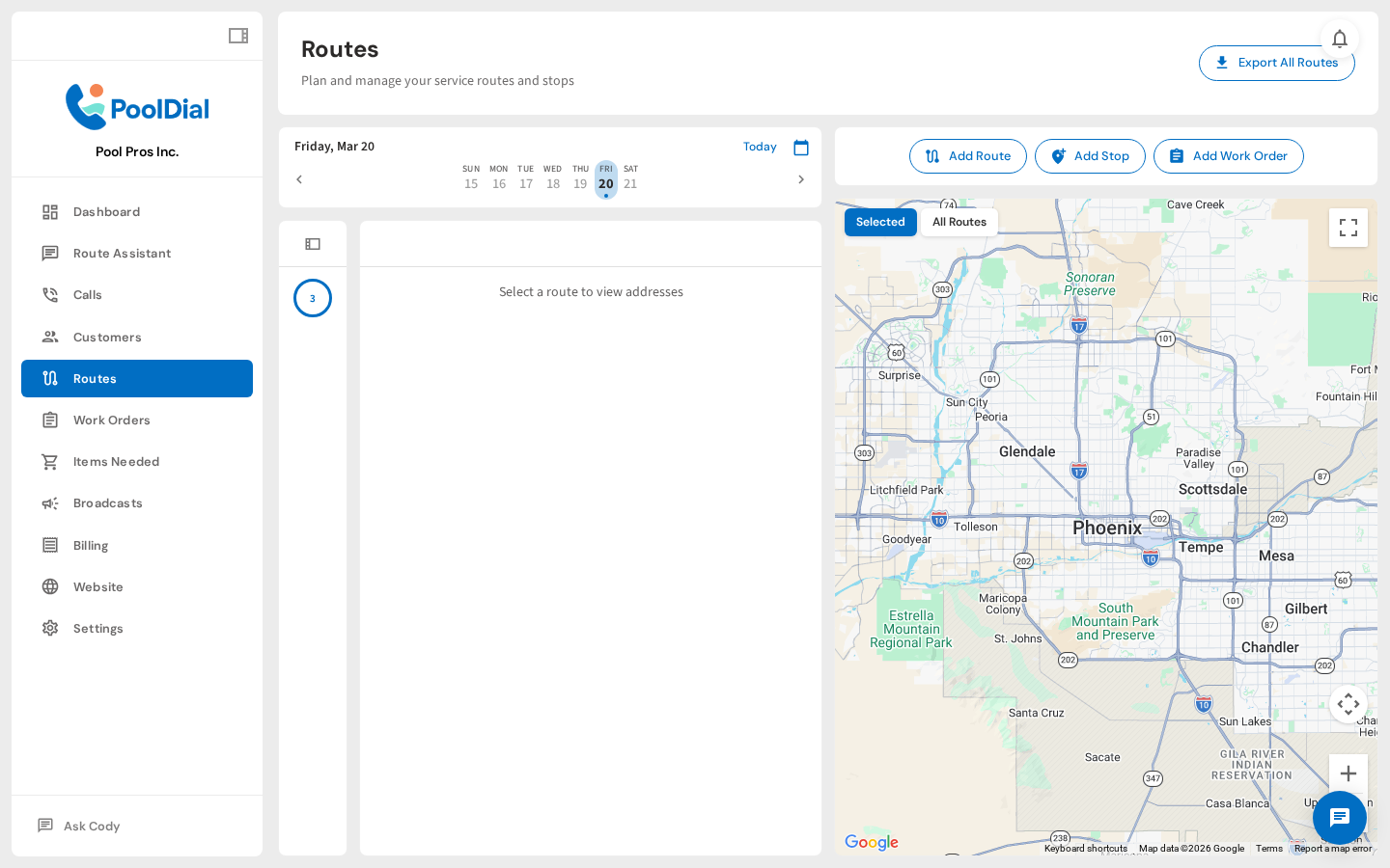 Routes weekly calendar